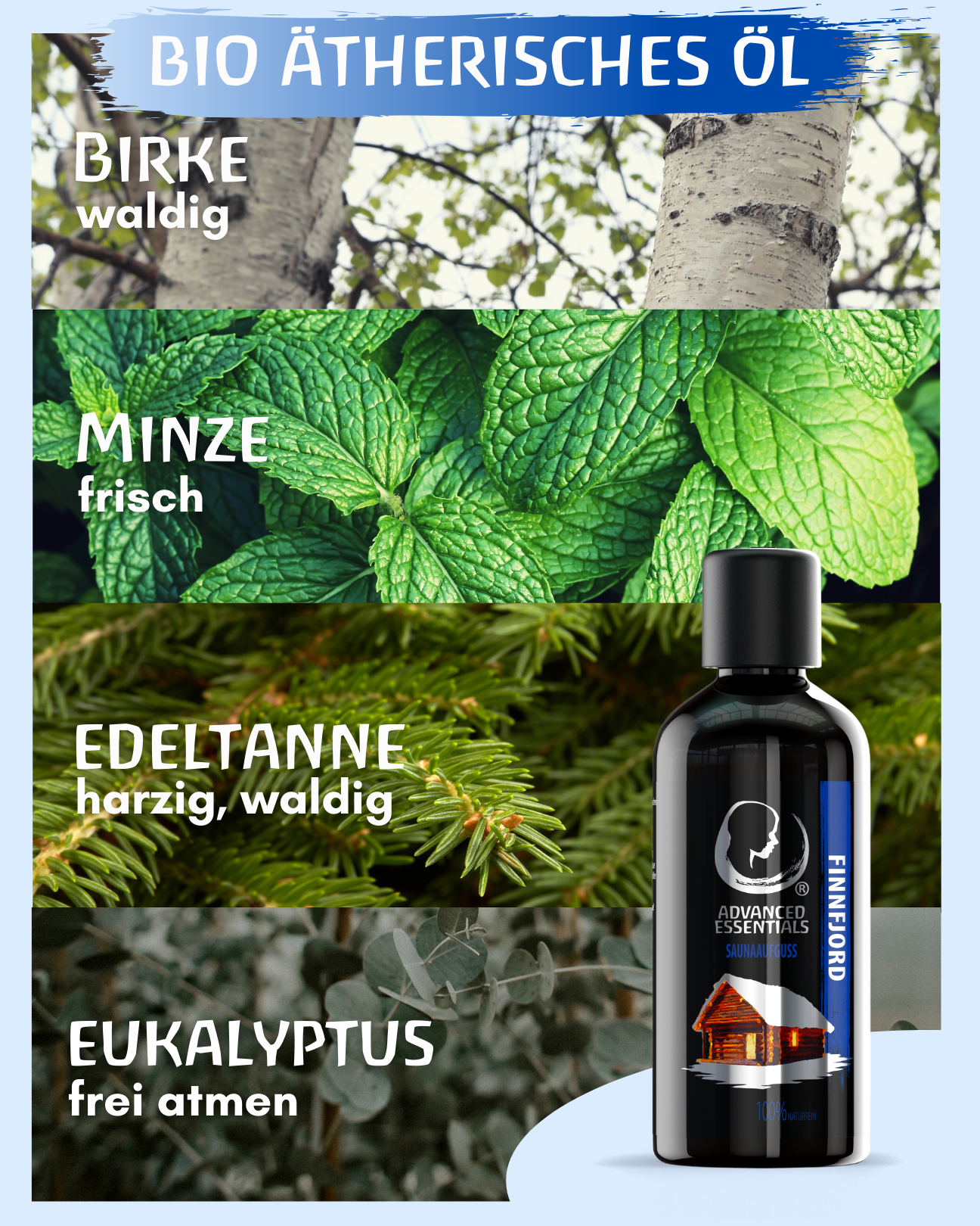 BIO Saunaaufguss Finnfjord (Birke/Minze/Edeltanne) hochdosiertes ätherisches Öl (100ml)