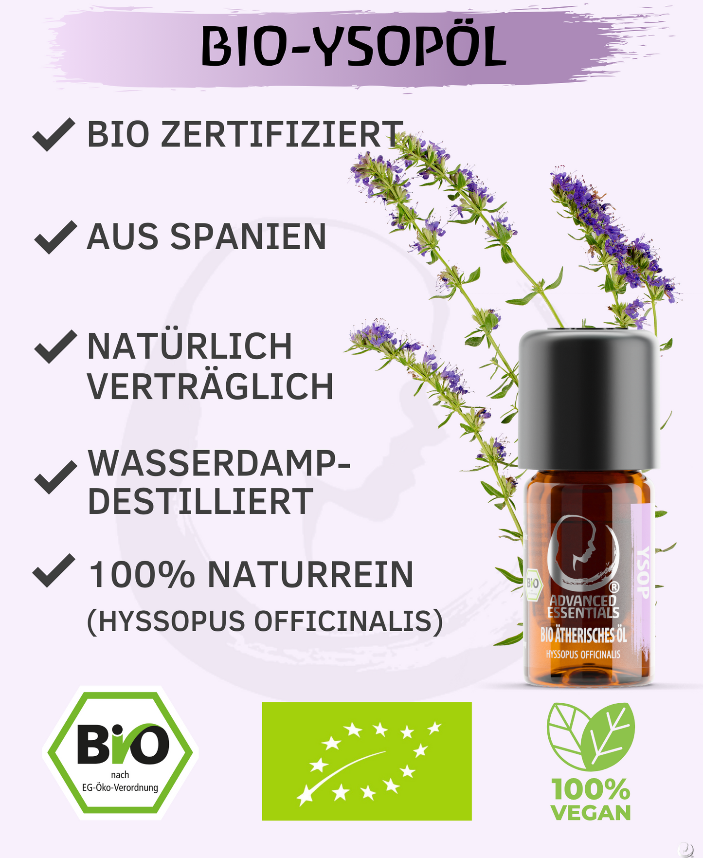 BIO Ysopöl ätherisches Öl (Hyssopus officinalis) kontrolliert biologischer Anbau | Ysopöl bio aus Spanien (Ysop, 5ml)