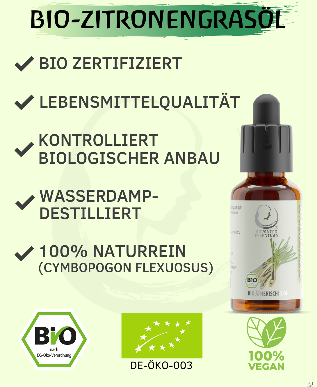 BIO Zitronengrasöl ätherisches Öl (Cymbopogon flexuosus) kontrolliert biologischer Anbau echtes Lemongrasöl bio aus Sri Lanka (Zitronengras, 30ml)