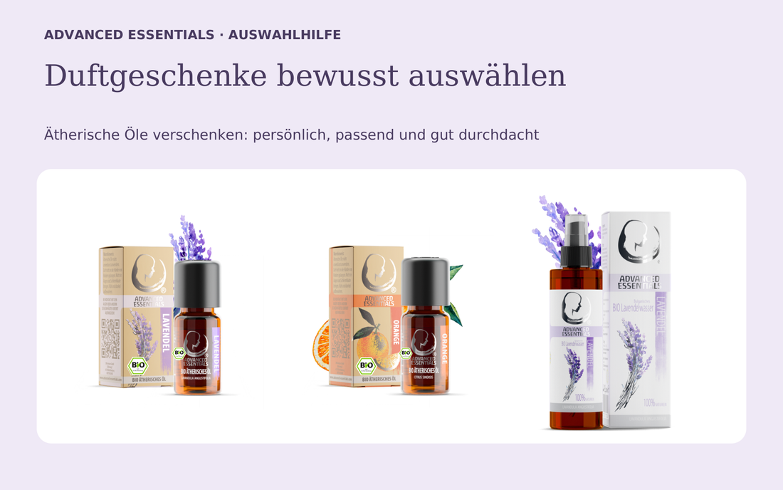 Unveränderte Shopbilder von BIO Lavendelöl, BIO Orangenöl und BIO Lavendelwasser von Advanced Essentials