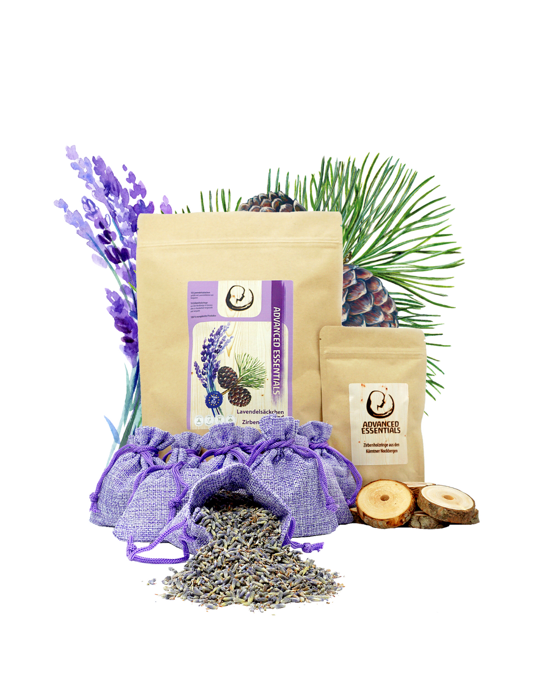 BIO Lavendelsäckchen und Zirben-Holzringe Bundle von Advanced Essentials – unverändertes Original-Shopbild