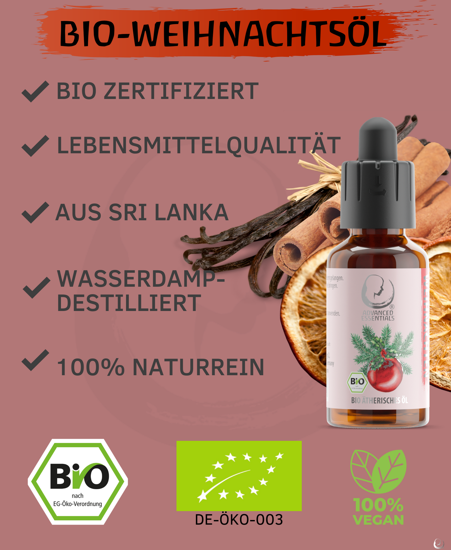 Weihnachtsöl Mischung aus Vanilleextrakt, Orangenöl, Zimtöl und Nelkenöl 30 ml