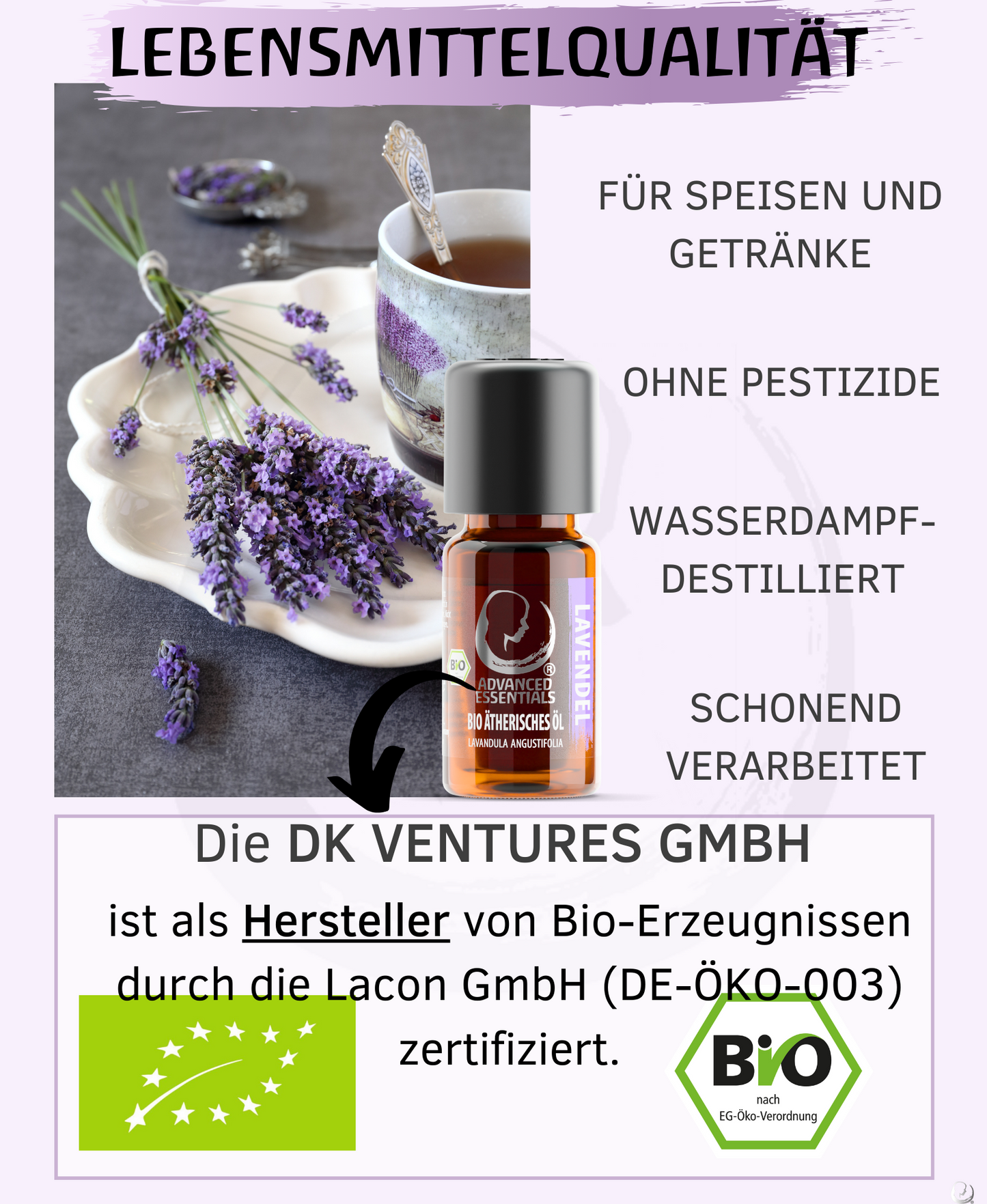 BIO Lavendelöl ätherisches Öl (Lavandula angustifolia) kontrolliert biologischer Anbau Lavendelöl bio aus Bulgarien (Lavendel, 10ml)