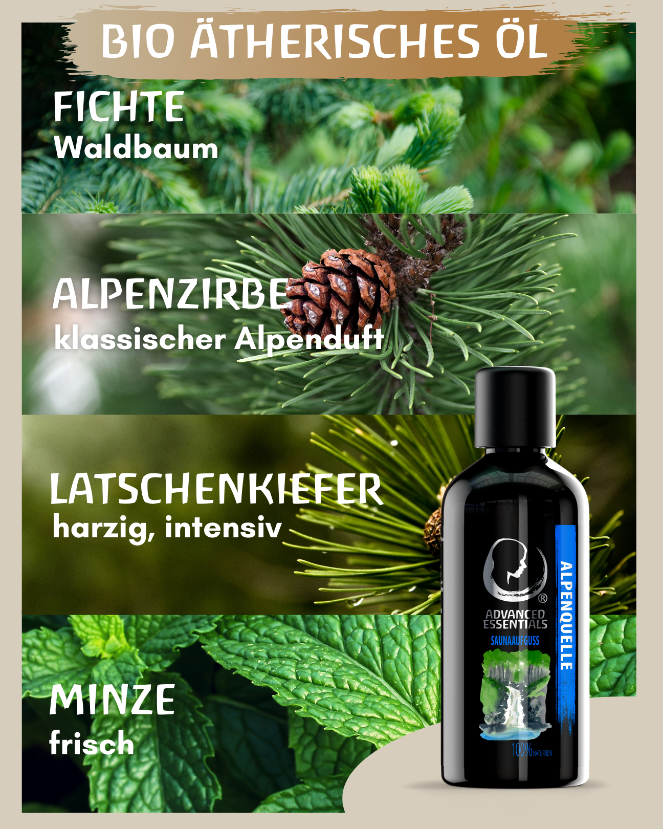 BIO Saunaaufguss Alpenquelle (Zirbe/Latschenkiefer/Minze) hochdosiertes ätherisches Öl (100ml)