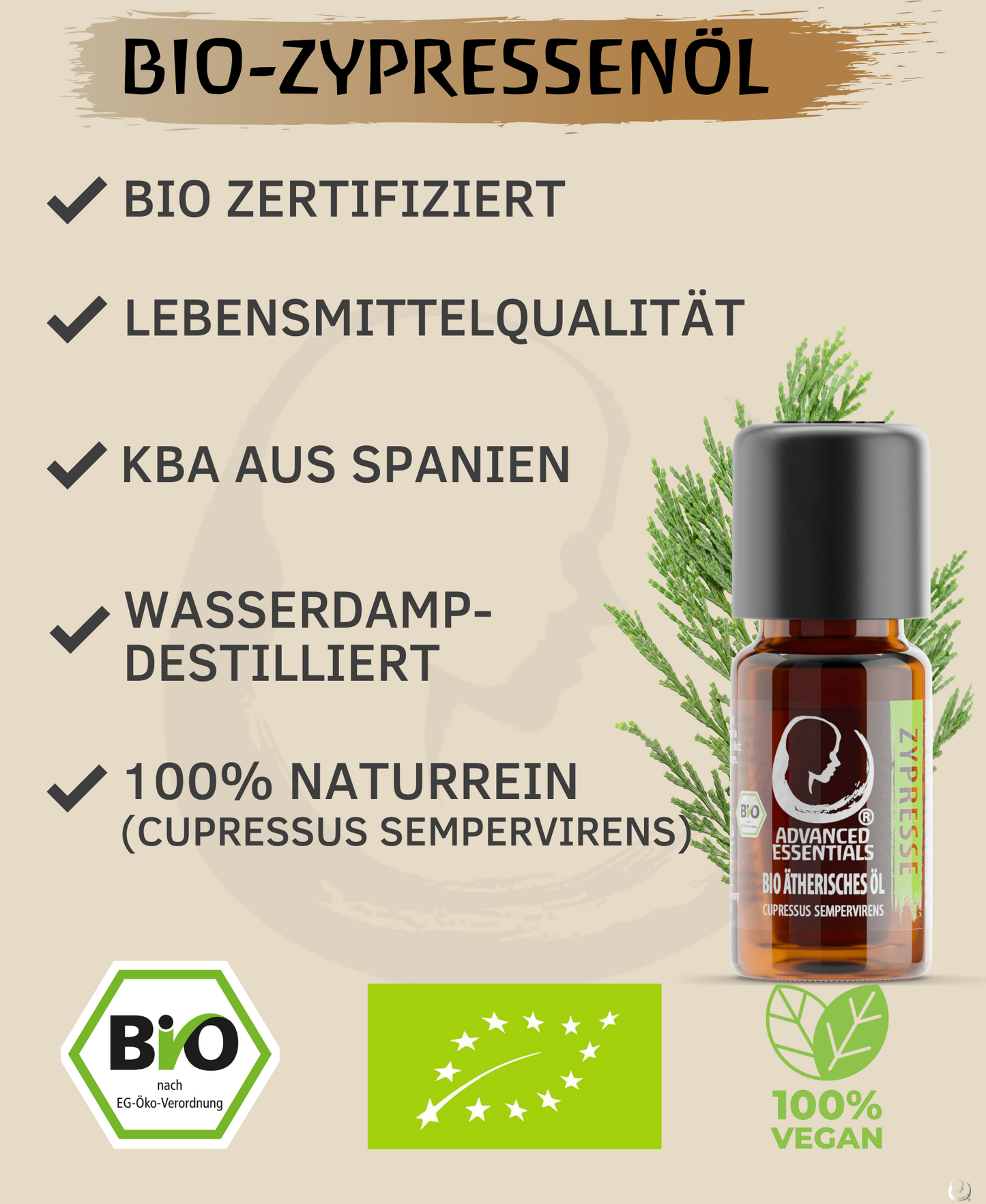 BIO Zypressenöl ätherisches Öl (Cupressus sempervirens) Wildwuchs echte Zypresse bio aus Spanien (Zypresse, 10ml)