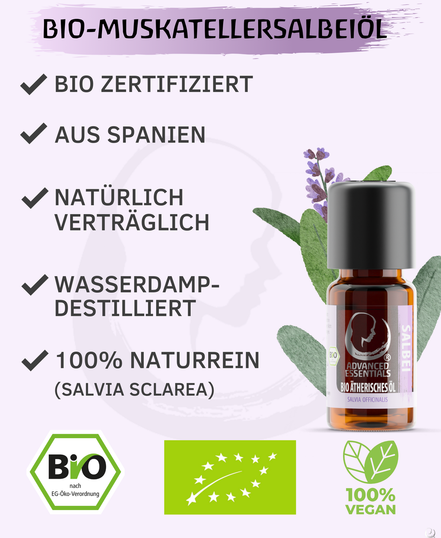 BIO Muskatellersalbeiöl ätherisches Öl (Salvia sclarea) kontrolliert biologischer Anbau echter Salbei bio aus Spanien (Muskatellersalbei, 10ml)