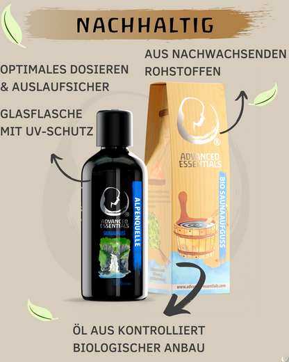 BIO Saunaaufguss Alpenquelle (Zirbe/Latschenkiefer/Minze) hochdosiertes ätherisches Öl (100ml)