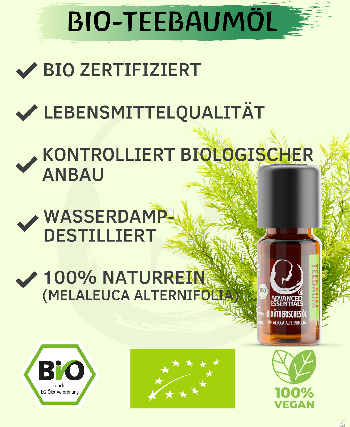 BIO Teebaumöl ätherisches Öl (Melaleuca alternifolia) kontrolliert biologischer Anbau Teebaum bio aus Australien (Teebaum, 10ml)