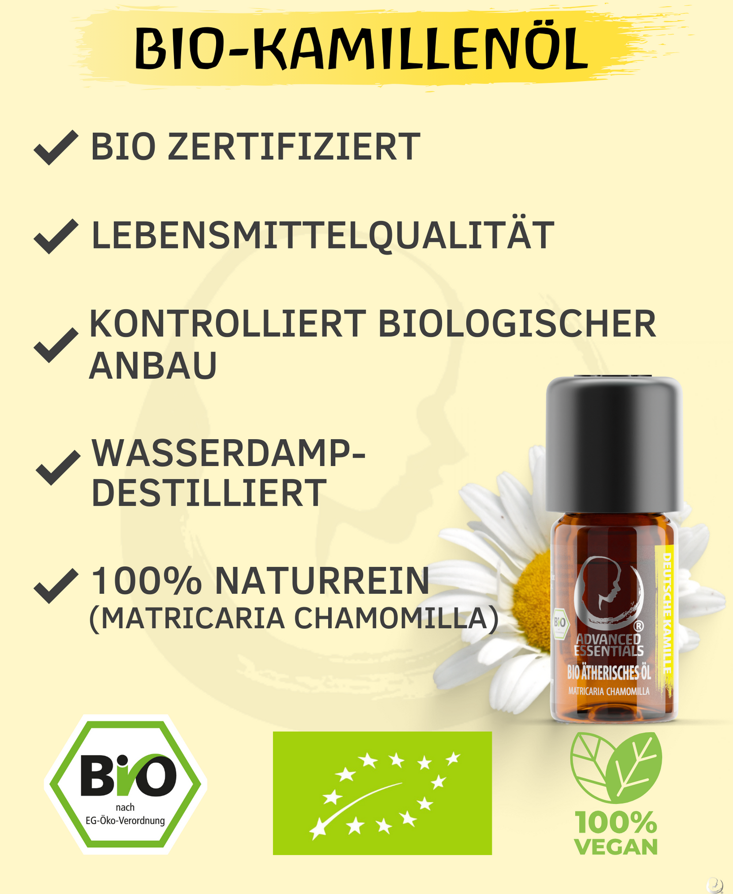 BIO Kamillenöl ätherisches Öl (Matricaria chamomilla) Wildwuchs echte Kamille bio aus Bulgarien (deutsche Kamille, 5ml)